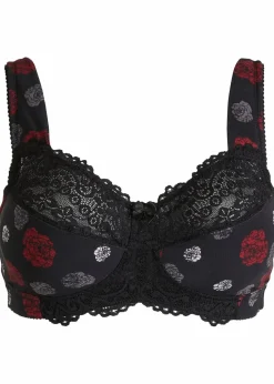 bonprix Wäsche·Große Cups D-H|Wäsche·Bhs|Entlastungs-BH ohne Bügel mit gepolsterten Trägern schwarz/kirschrot geblühmt