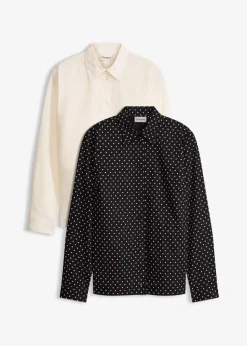 bonprix Bekleidung·Jacken & Mäntel|Blusen & Tuniken|2er Pack Hemdblusen mit Baumwolle weiß uni und schwarz/weiß gepunktet