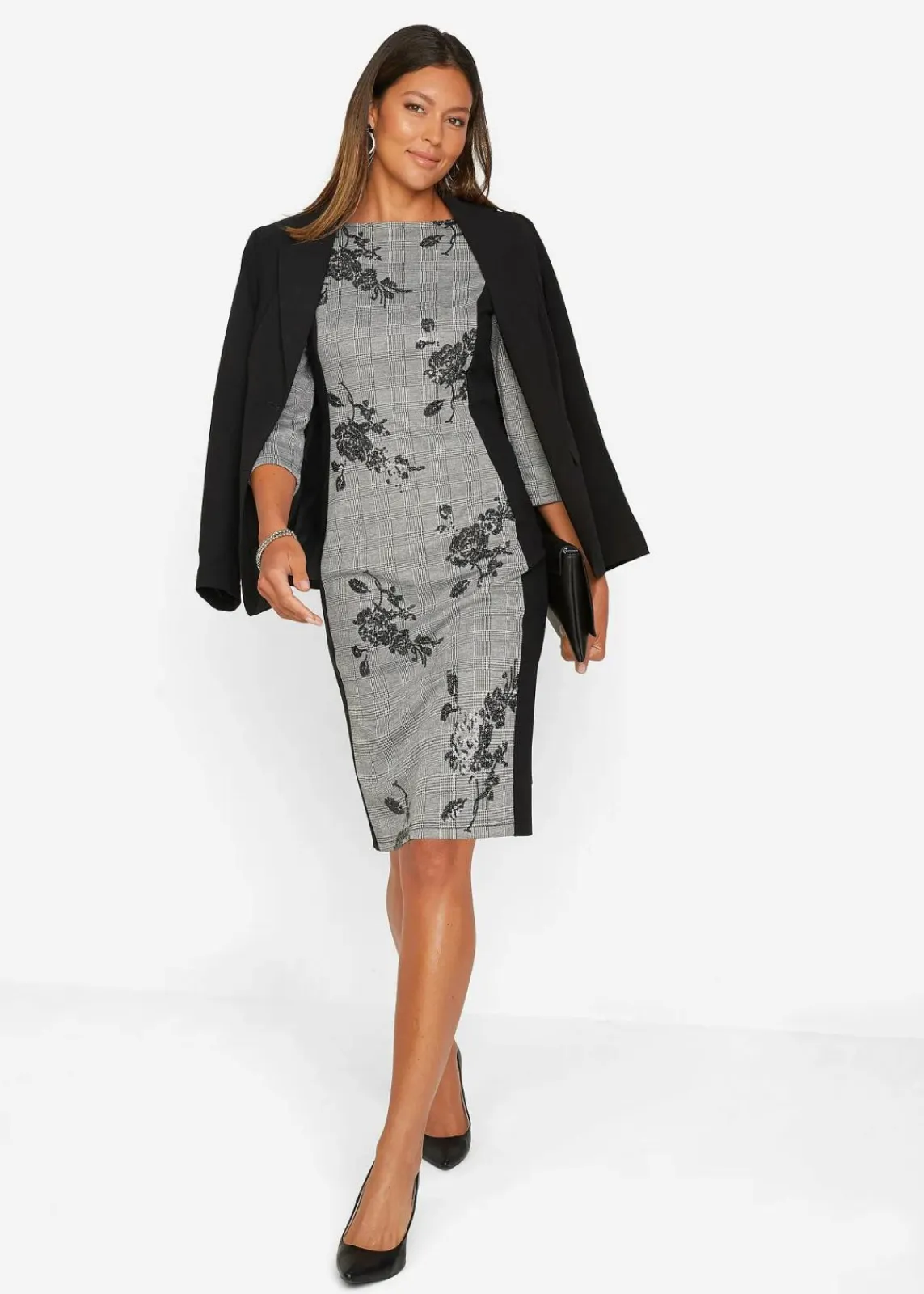 bonprix Bekleidung·Pullover & Strickjacken|Kleider|Etuikleid mit Paillettenstickerei schwarz kariert