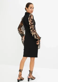 bonprix Kleider|Etuikleid mit tiefem Ausschnitt schwarz/beige leo bedruckt