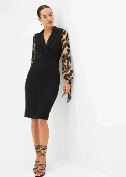 bonprix Kleider|Etuikleid mit tiefem Ausschnitt schwarz/beige leo bedruckt