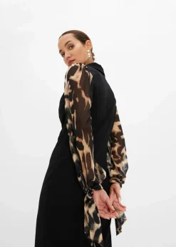bonprix Kleider|Etuikleid mit tiefem Ausschnitt schwarz/beige leo bedruckt
