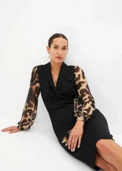 bonprix Kleider|Etuikleid mit tiefem Ausschnitt schwarz/beige leo bedruckt