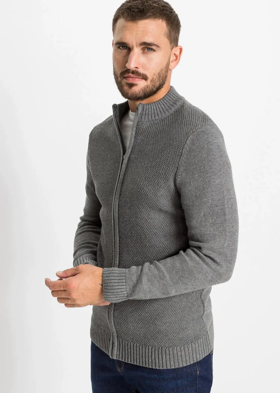 bonprix Pullover & Strickjacken|Basics|Feinstrickjacke aus reiner Baumwolle grau meliert