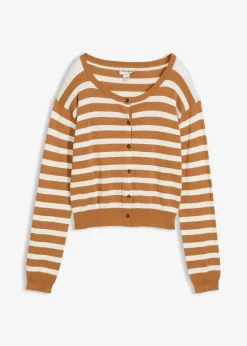 bonprix Mädchen 9-16 Jahre·Sweat & Strick|Feinstrickjacke aus softem Viskose-Mix haselnuss/wollweiß gestreift