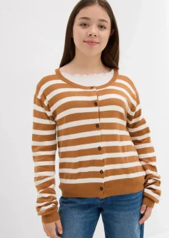 bonprix Mädchen 9-16 Jahre·Sweat & Strick|Feinstrickjacke aus softem Viskose-Mix haselnuss/wollweiß gestreift