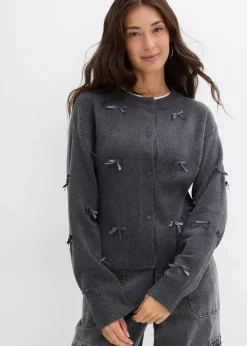bonprix Nachhaltigere Materialien|Pullover & Strickjacken|Feinstrickjacke mit Schleifen anthrazit meliert