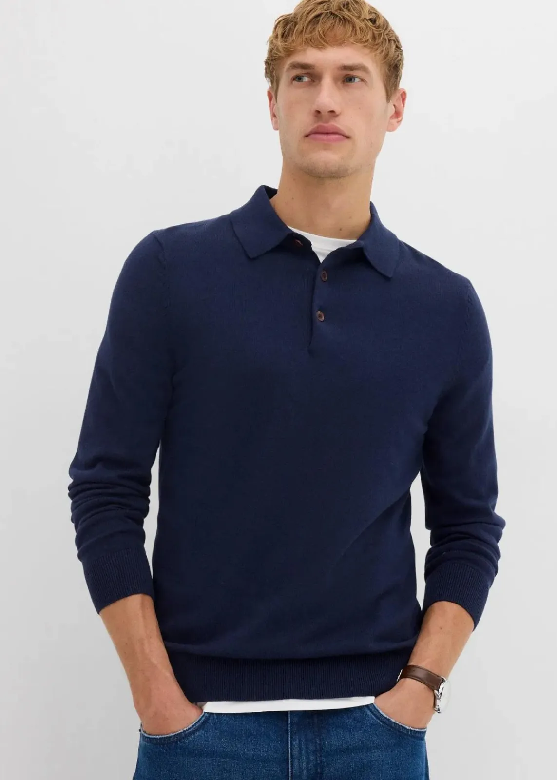bonprix Große Größen|Basics|Feinstrick-Polopullover mit edler Merinowolle, Slim Fit dunkelblau