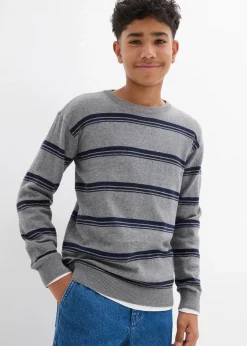 bonprix Jungen 9-16 Jahre·Sweat & Strick|Jungen 2-8 Jahre·Nachhaltigere Materialien|Feinstrickpullover aus reiner Baumwolle, recyclingfähig grau meliert/dunkelblau gestreift