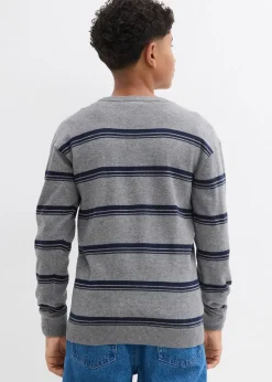 bonprix Jungen 9-16 Jahre·Sweat & Strick|Jungen 2-8 Jahre·Nachhaltigere Materialien|Feinstrickpullover aus reiner Baumwolle, recyclingfähig grau meliert/dunkelblau gestreift