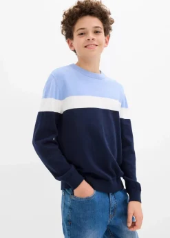 bonprix Jungen 9-16 Jahre·Bademode|Jungen 9-16 Jahre·Sweat & Strick|Feinstrickpullover aus reiner Baumwolle dunkelblau/wollweiß/perlblau