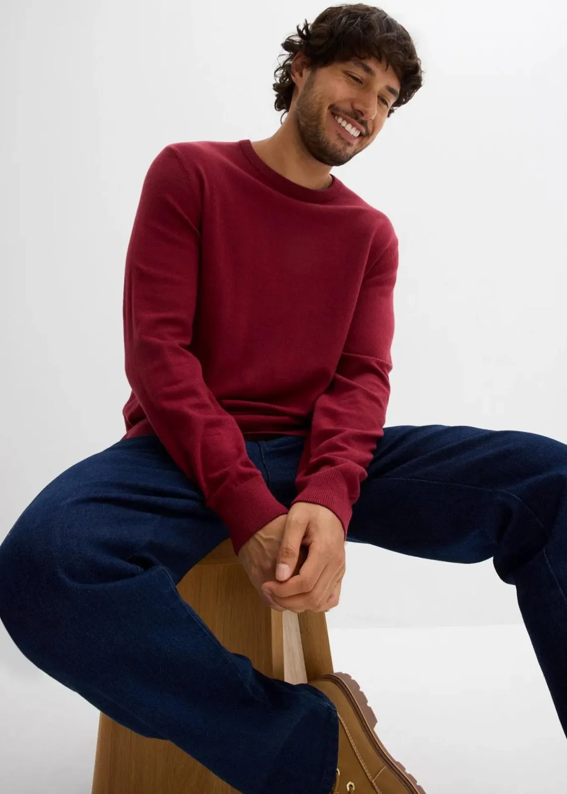 bonprix Pullover & Strickjacken|Basics|Feinstrickpullover aus weichem Baumwollmix pflaumenrot