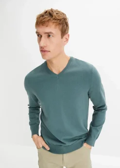 bonprix Pullover & Strickjacken|Basics|Feinstrickpullover aus weichem Baumwollmix graugrün