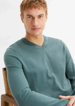 bonprix Pullover & Strickjacken|Basics|Feinstrickpullover aus weichem Baumwollmix graugrün