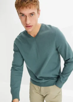 bonprix Pullover & Strickjacken|Basics|Feinstrickpullover aus weichem Baumwollmix graugrün