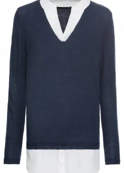 bonprix Pullover & Strickjacken|Bekleidung·Jeans|Feinstrickpullover mit Bluseneinsatz dunkelblau