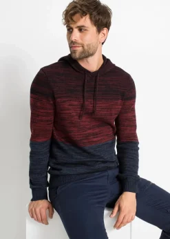 bonprix Große Größen|Pullover & Strickjacken|Feinstrickpullover mit Kapuze aus weichem Baumwollmix rot/blau meliert