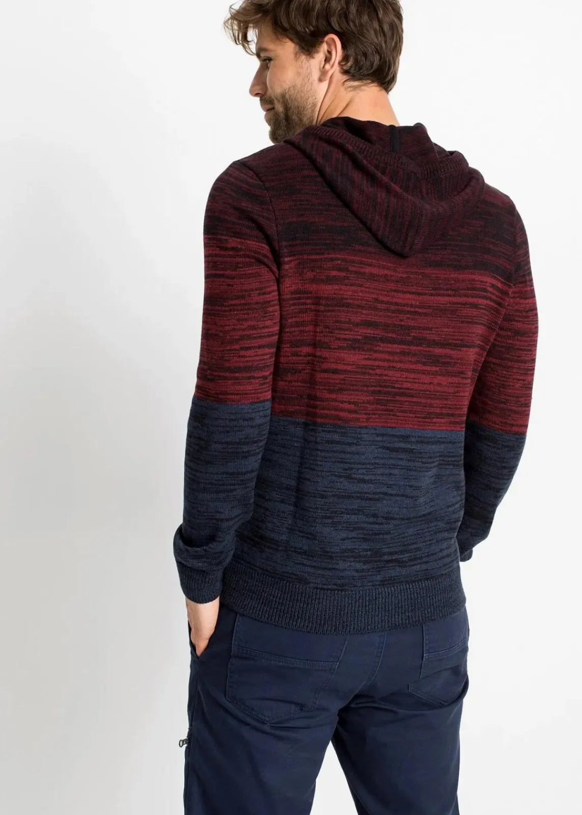 bonprix Große Größen|Pullover & Strickjacken|Feinstrickpullover mit Kapuze aus weichem Baumwollmix rot/blau meliert