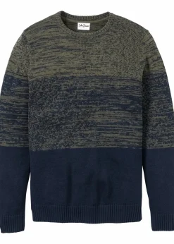 bonprix Große Größen|Pullover & Strickjacken|Feinstrickpullover mit Komfortschnitt aus weichem Baumwollmix dunkeloliv dunkelblau quer gestreift