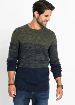 bonprix Große Größen|Pullover & Strickjacken|Feinstrickpullover mit Komfortschnitt aus weichem Baumwollmix dunkeloliv dunkelblau quer gestreift