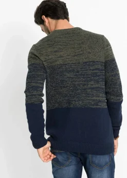 bonprix Große Größen|Pullover & Strickjacken|Feinstrickpullover mit Komfortschnitt aus weichem Baumwollmix dunkeloliv dunkelblau quer gestreift