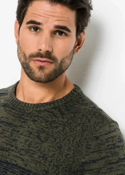 bonprix Große Größen|Pullover & Strickjacken|Feinstrickpullover mit Komfortschnitt aus weichem Baumwollmix dunkeloliv dunkelblau quer gestreift