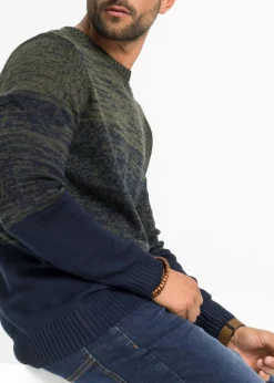 bonprix Große Größen|Pullover & Strickjacken|Feinstrickpullover mit Komfortschnitt aus weichem Baumwollmix dunkeloliv dunkelblau quer gestreift