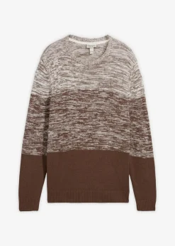 bonprix Pullover & Strickjacken|Große Größen|Feinstrickpullover mit Komfortschnitt aus weichem Baumwollmix wollweiß/lehmbraun quer gestreift