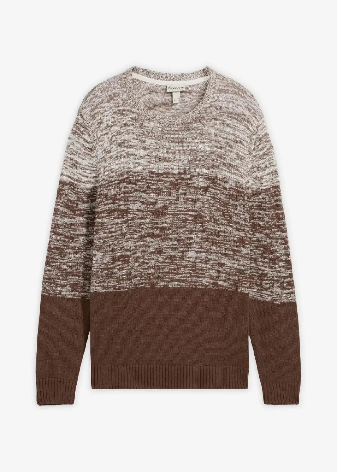 bonprix Pullover & Strickjacken|Große Größen|Feinstrickpullover mit Komfortschnitt aus weichem Baumwollmix wollweiß/lehmbraun quer gestreift