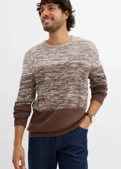 bonprix Pullover & Strickjacken|Große Größen|Feinstrickpullover mit Komfortschnitt aus weichem Baumwollmix wollweiß/lehmbraun quer gestreift