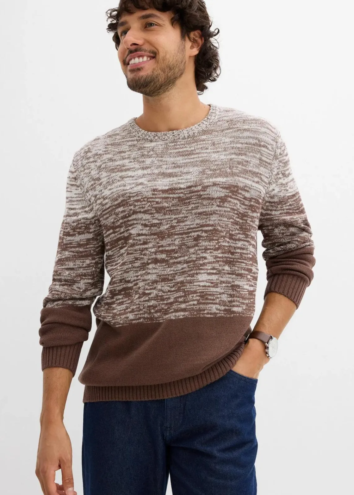 bonprix Pullover & Strickjacken|Große Größen|Feinstrickpullover mit Komfortschnitt aus weichem Baumwollmix wollweiß/lehmbraun quer gestreift