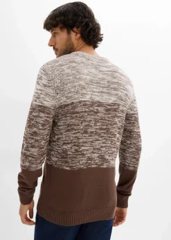 bonprix Pullover & Strickjacken|Große Größen|Feinstrickpullover mit Komfortschnitt aus weichem Baumwollmix wollweiß/lehmbraun quer gestreift