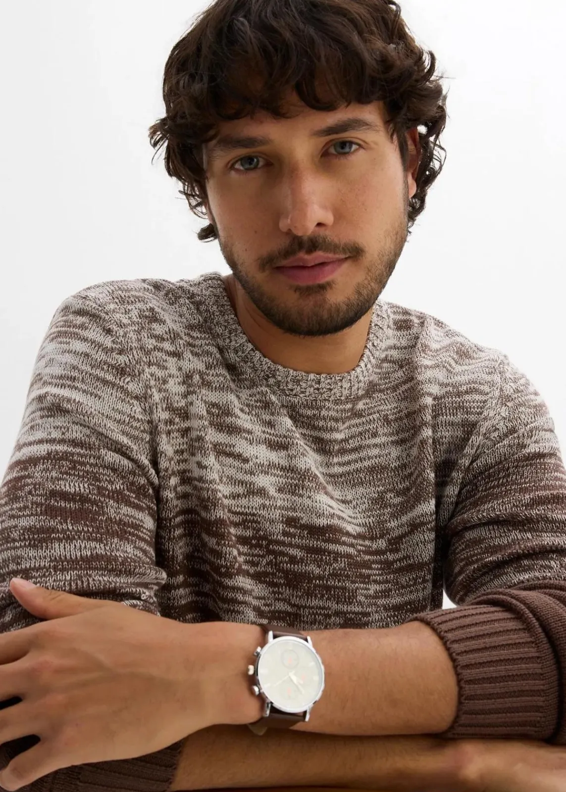 bonprix Pullover & Strickjacken|Große Größen|Feinstrickpullover mit Komfortschnitt aus weichem Baumwollmix wollweiß/lehmbraun quer gestreift