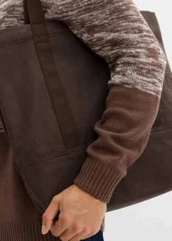 bonprix Pullover & Strickjacken|Große Größen|Feinstrickpullover mit Komfortschnitt aus weichem Baumwollmix wollweiß/lehmbraun quer gestreift