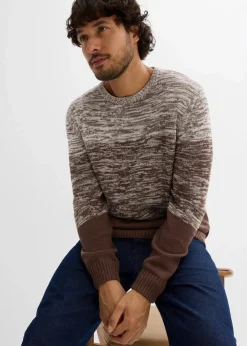 bonprix Pullover & Strickjacken|Große Größen|Feinstrickpullover mit Komfortschnitt aus weichem Baumwollmix wollweiß/lehmbraun quer gestreift