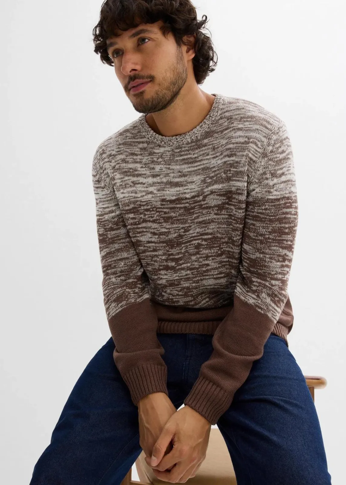 bonprix Pullover & Strickjacken|Große Größen|Feinstrickpullover mit Komfortschnitt aus weichem Baumwollmix wollweiß/lehmbraun quer gestreift