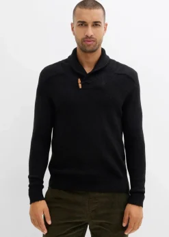 bonprix Pullover & Strickjacken|Große Größen|Feinstrickpullover mit Schalkragen schwarz meliert