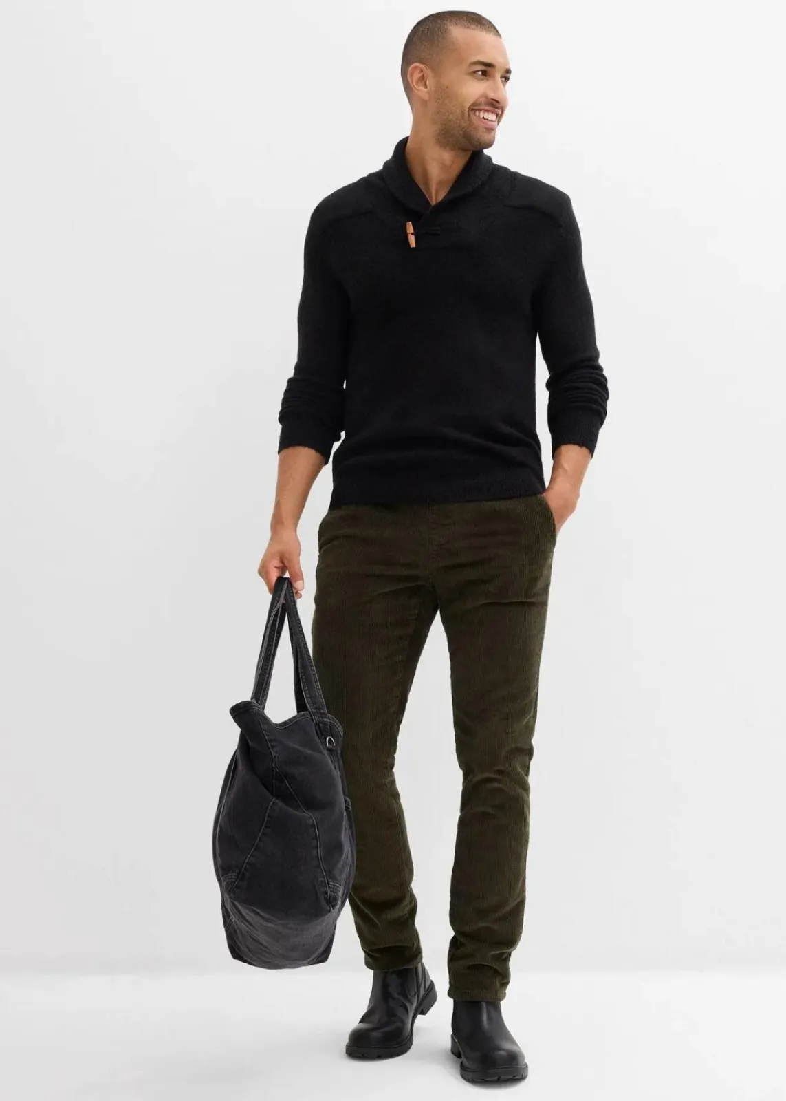 bonprix Pullover & Strickjacken|Große Größen|Feinstrickpullover mit Schalkragen schwarz meliert