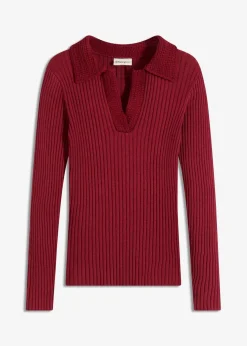 bonprix Pullover & Strickjacken|Strickmode|Feinstrickpullover mit schmückendem Kragen pflaumenrot