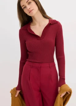 bonprix Pullover & Strickjacken|Strickmode|Feinstrickpullover mit schmückendem Kragen pflaumenrot
