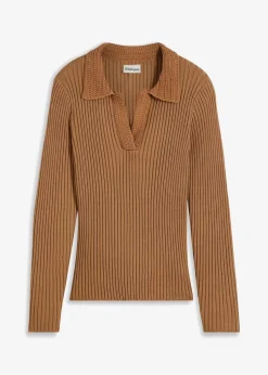 bonprix Pullover & Strickjacken|Strickmode|Feinstrickpullover mit schmückendem Kragen camel