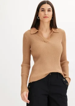 bonprix Pullover & Strickjacken|Strickmode|Feinstrickpullover mit schmückendem Kragen camel