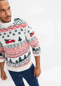bonprix Große Größen|Pullover & Strickjacken|Feinstrickpullover mit Weihnachtsmotiv wollweiß