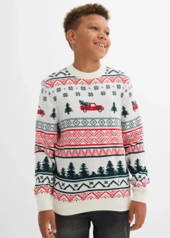 bonprix Jungen 9-16 Jahre·Sweat & Strick|Feinstrickpullover mit Weihnachtsmotiv wollweiß