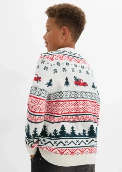 bonprix Jungen 9-16 Jahre·Sweat & Strick|Feinstrickpullover mit Weihnachtsmotiv wollweiß