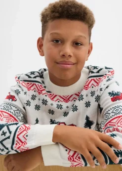 bonprix Jungen 9-16 Jahre·Sweat & Strick|Feinstrickpullover mit Weihnachtsmotiv wollweiß