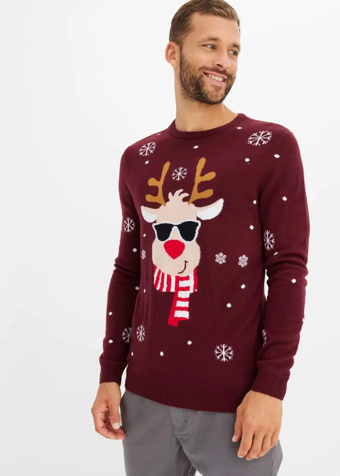 bonprix Pullover & Strickjacken|Große Größen|Feinstrickpullover mit Weihnachtsmotiv ahornrot