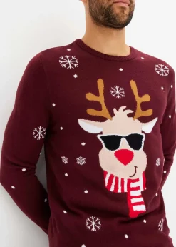 bonprix Pullover & Strickjacken|Große Größen|Feinstrickpullover mit Weihnachtsmotiv ahornrot