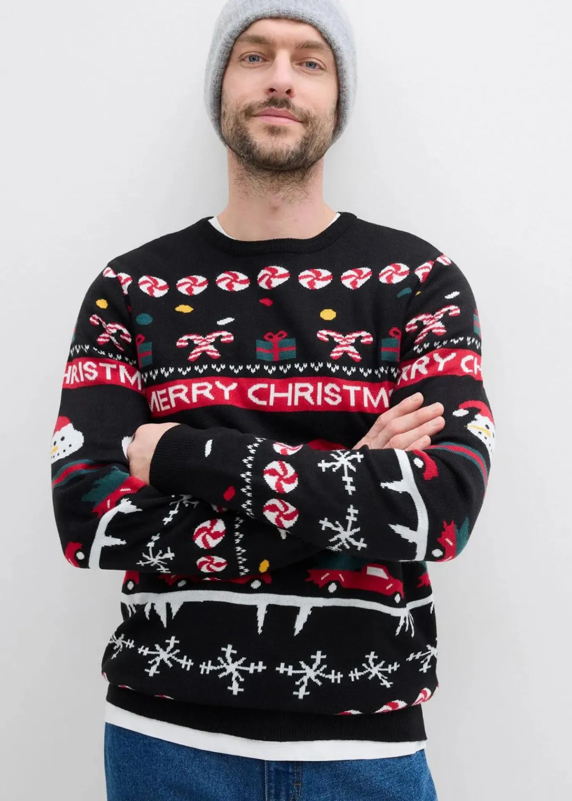 bonprix Große Größen|Pullover & Strickjacken|Feinstrickpullover mit Weihnachtsmotiv schwarz