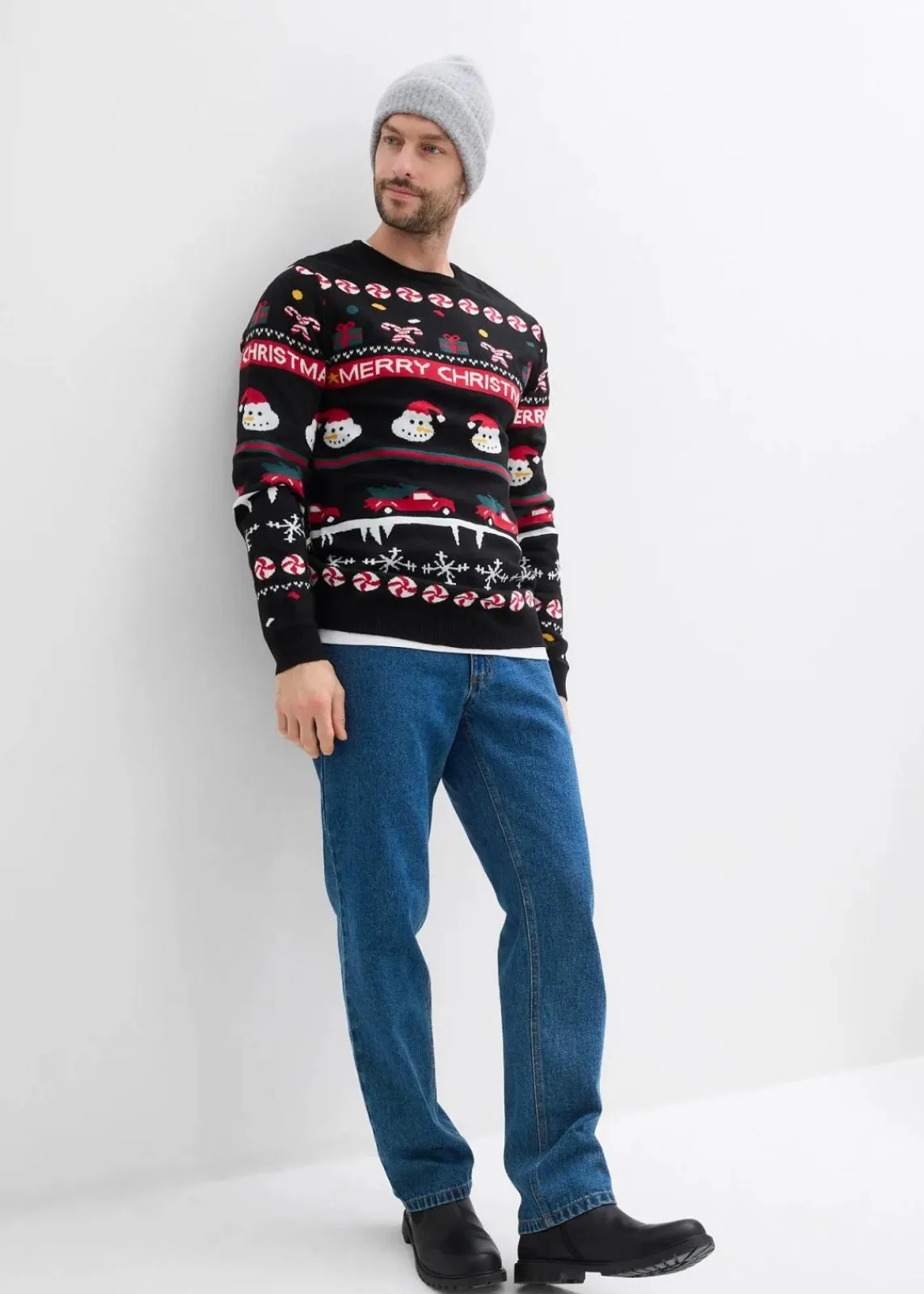 bonprix Große Größen|Pullover & Strickjacken|Feinstrickpullover mit Weihnachtsmotiv schwarz